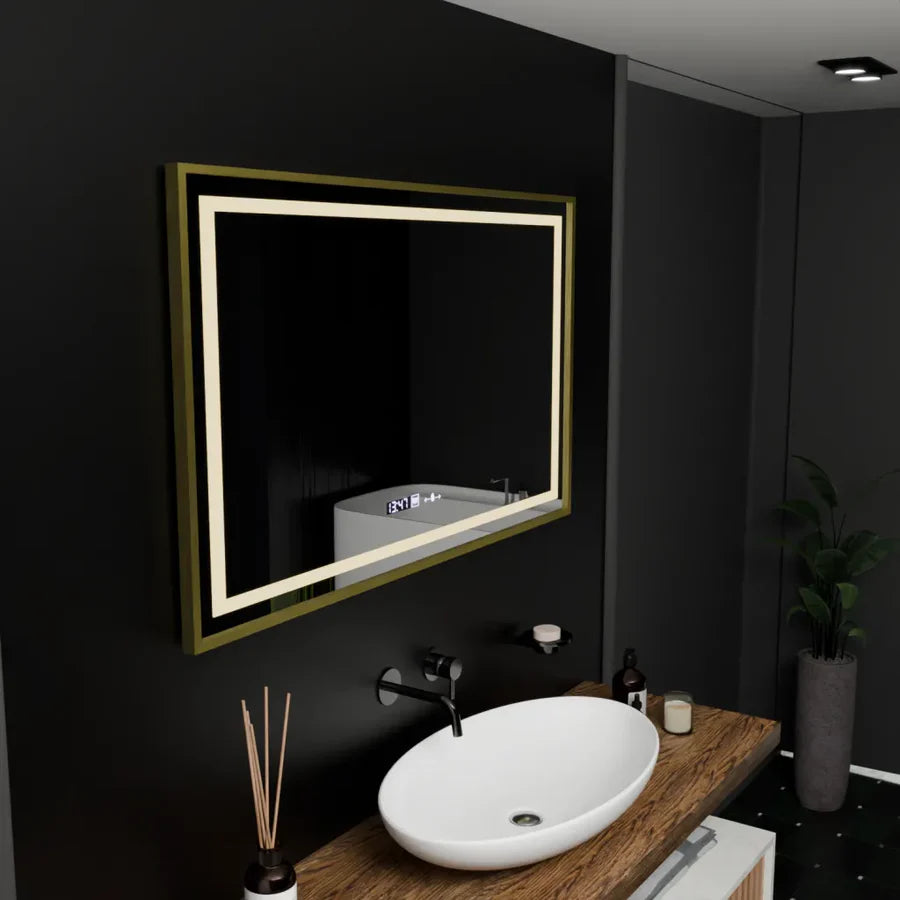 Oglinda LED Rectangulara, 100x80cm, Premium Verite Royale Gold Motion Glow Marcello, Sistem Dezaburire, Ceas &amp; Termometru, Dimabila