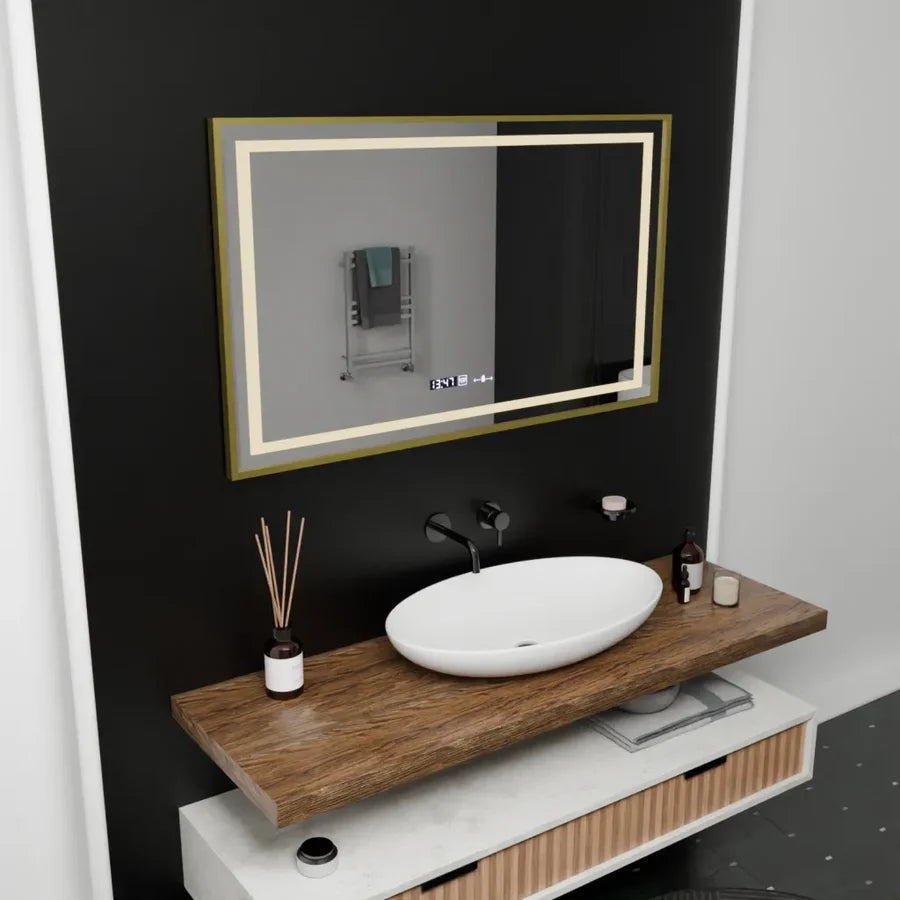 Oglinda LED Rectangulara, 100x80cm, Premium Verite Royale Gold Motion Glow Marcello, Sistem Dezaburire, Ceas &amp; Termometru, Dimabila